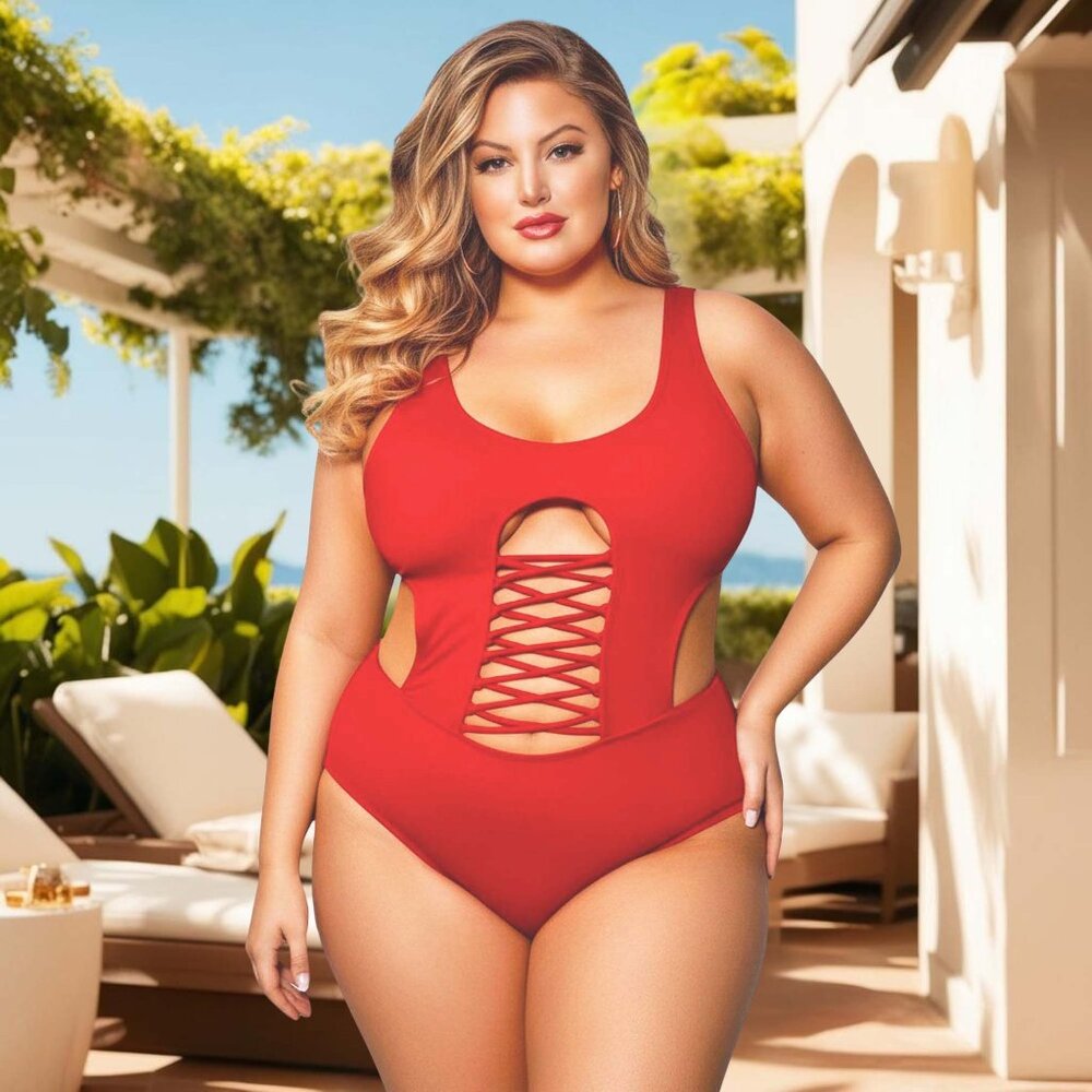 Plus 1Pc  Swimsuit Womens Size 1x 2x 3x 4x Red One Piece High Leg Swimwear - Picture 2 of 8